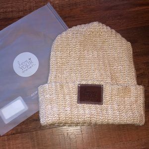 Love Your Melon khaki leather patch beanie